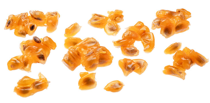 Juicy pulp of the kuruba, or banana passion fruit, with seeds, on a white background. This file contains clipping paths.