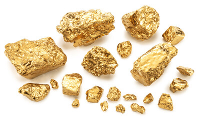 Gold nuggets on white background, clipping paths. Imitation of gold nuggets.