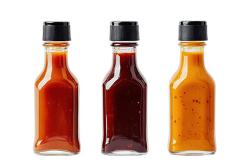 Assorted sauces in glass bottles isolated on a transparent background