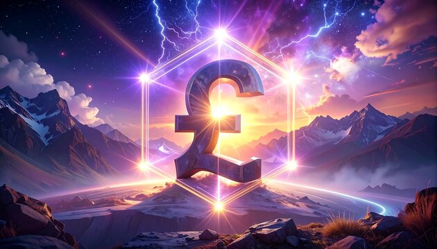 A majestic depiction of a currency symbol enveloped in radiant energy, set against a backdrop of mountain range, cosmos, and electrifying sky