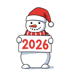 Cartoon snowman holding a sign with the year 2026 for Christmas  
