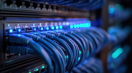 Bright blue network cables connect with glowing ports in a busy data center after sunset