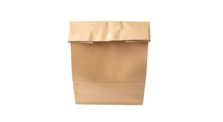 A simple brown paper bag with a folded top stands upright against a solid black background isolated
