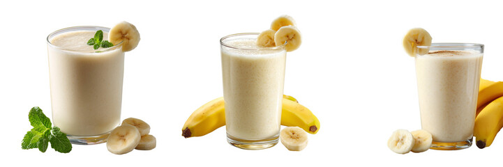 Set of Banana milkshake in a tall glass with a straw on transparent png background. Ai generated