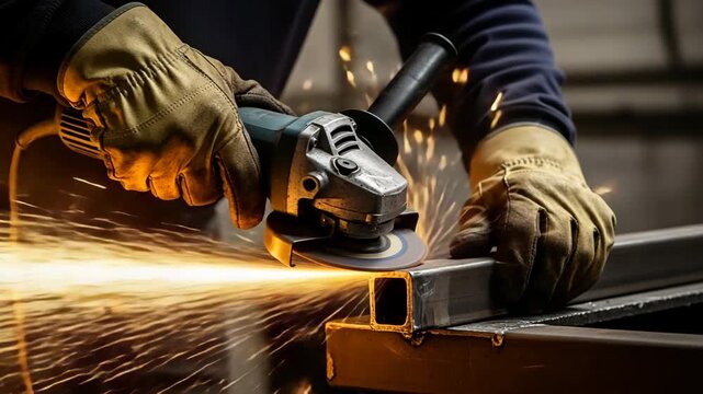 Closeup of a workers hands wearing protective gloves an angle grinder to cut metal, sparks