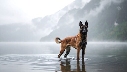 A majestic dog stands in a lake, paws submerged, with a misty mountain backdrop. The dog is alert, with a gaze directed toward the viewer