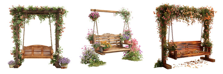Set of Elegant floral swing with blooming roses and a vivid red cushion on transparent png background. Ai generated