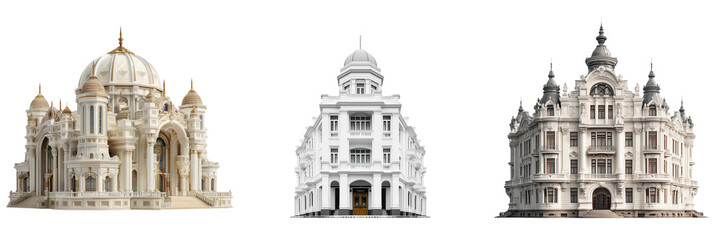 Set of Majestic Baroque cathedral with golden domes and elaborate facade on transparent png background. Ai generated