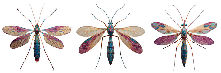 Set of Macro capture of a dragonfly in agile flight on transparent png background. Ai generated