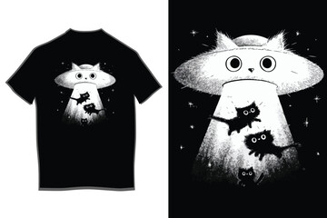 Whimsical ufo abducting cats graphic design for t-shirts unique apparel featuring cute feline friends and extraterrestrial theme © Moriom Aktar Anisa