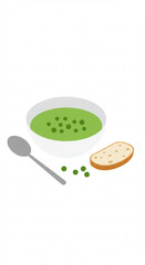 Green pea soup in bowl with spoon and slice of bread on side  