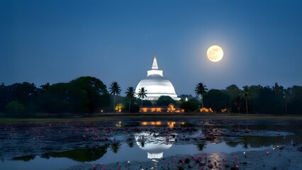 Full moon poya day night scene. SriLankan Buddhist Temple. HD background - SriLanka