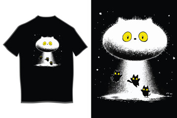 Funny fluffy white cat design on black t-shirt with bright yellow eyes and shadowy paws