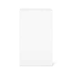 Realistic white closed paperboard box mockup. Front view. Vector illustration isolated on white background. Taking your 2D designs into 3D. Can be use for pharmacy, food, cosmetic. EPS10.