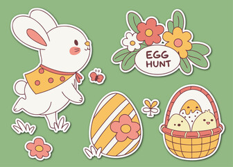 Cute Easter Stickers Featuring Bunny Eggs Chicks Flowers and Egg Hunt Message on Green