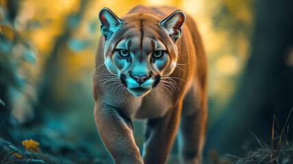 Puma realistic photo concept poster. Mountain leopard background. Creative graphic design. Digital artistic artwork raster bitmap illustration. Graphic design art.	