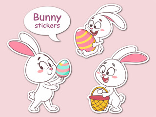 Cute Easter Bunny Sticker Set with Eggs and Basket on a Pink Background