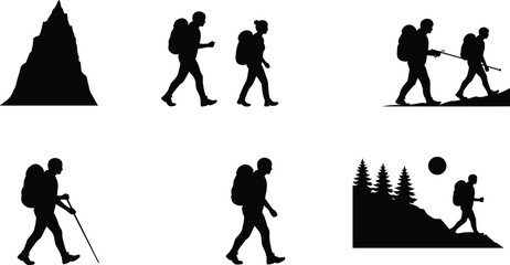 Hiking silhouette illustration, outdoor adventure, backpacker vector art, mountain climbing, trekking activity, nature exploration, camping design, wilderness travel, black graphic