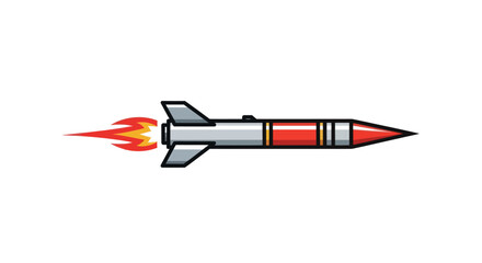 A sleek red and silver missile with fiery exhaust trails in flight.