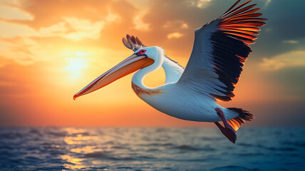 A pelican flying over the sea against the backdrop of the sunset sky - concept poster. Pelican bird background. AI artwork digital illustration. Photo design. 