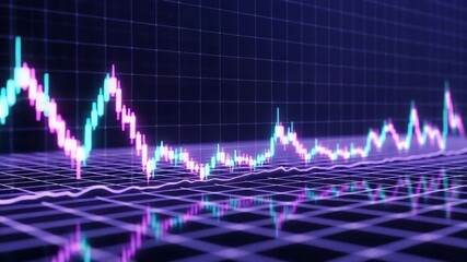 Abstract digital stock market graph glowing neon lines on a dark grid background, representing financial trading data analysis - Powered by Adobe