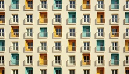 Modern apartment facade with colorful balconies, minimal geometric architecture pattern in pastel yellow turquoise and orange tones