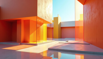 Modern architecture with colorful geometric shapes, minimalist orange and yellow building design under clear sky, contemporary abstract composition