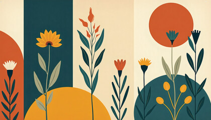 Mid century modern floral illustration, abstract geometric flowers with sun shapes, minimal botanical design in warm retro color palette