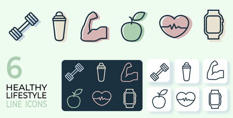 Healthy lifestyle line icons with dumbbell, shaker, muscle arm, apple, heart rate, and smartwatch, minimalist fitness and nutrition symbols for wellness and sport design