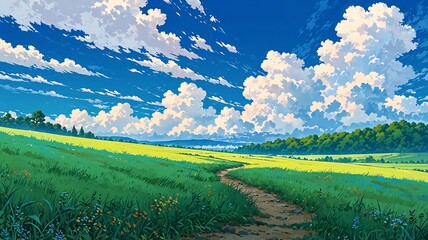 Obraz premium Vibrant Anime Landscape with Green Fields, Blue Sky, and Winding Path