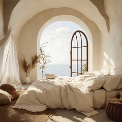 Bright mediterranean bedroom interior with ocean view and sunlight