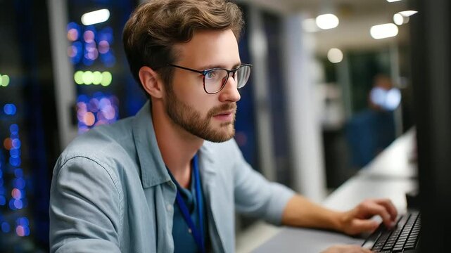 A computer scientist uses AI on an PC for server room diagnostics on a generic diagnostic interface processing datasets screens showing training visuals server racks glowing
