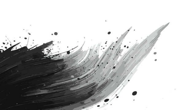 Abstract black and gray ink brush stroke on white background with dynamic sweeping motion and splatter effects. Expressive paint streaks blend black to gray, evoking energy, contrast, and artistic 