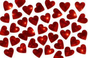 Red shiny hearts pattern on transparent background representing love, romance, and valentine's day celebrations