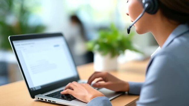 A call center worker types on an laptop using AI to generate call scripts on a generic contact center interface summarizing client issues on screen the office buzzing with