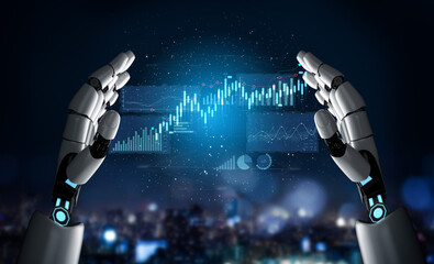 Robotic hands manipulate vibrant digital graphs and data displays, symbolizing the integration of technology and finance in a modern urban setting. Scalp