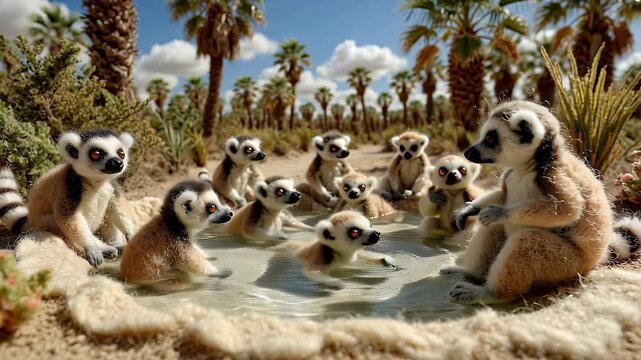 Ring tailed lemurs gather around a small pool in a sunny environment