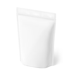 Realistic stand up pouch bag mockup with transparent shadow. Half side view. Vector illustration isolated on white background. Ready for your design. EPS10.