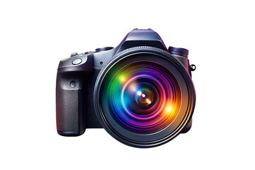 Black digital SLR camera with a lens, isolated on a white background, representing modern photography technology