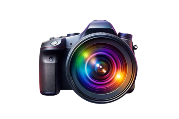 Black digital SLR camera with a lens, isolated on a white background, representing modern photography technology