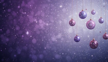 purple and violet christmas ornaments hanging on a sparkling bokeh holiday background