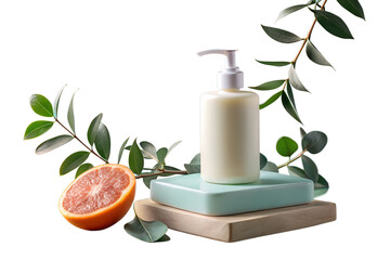 A tranquil spa still life featuring body care products, bamboo, a towel, and a glass of fresh green juice