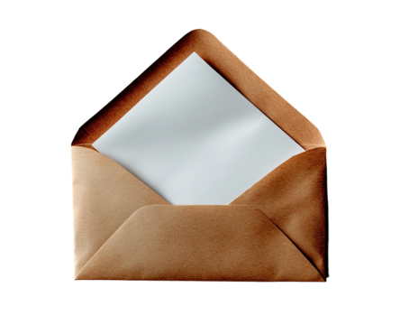 Open tan envelope with white paper, viewed from above, on black