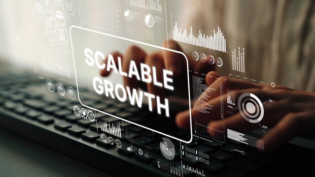 Futuristic Business Growth Concept with Scalable Growth Text Overlaid on Hands Typing on Laptop Keyboard. Asymptotic smart data analytic. - Powered by Adobe