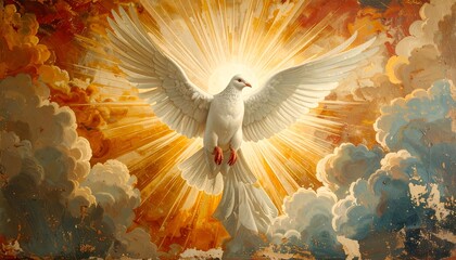 A painting depicting a white dove with outstretched wings, bathed in a bright, radiating light, emanating from behind. Clouds