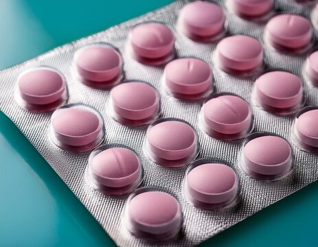 pink antihistamine allergy benadryl tablets in blister pack close up