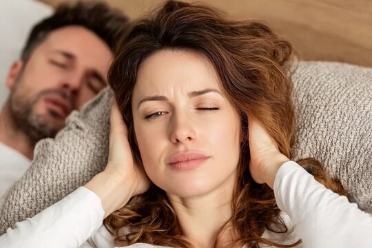 Woman Covers Ears in Annoyance as Partner Snores Loudly Beside Her in Bed - Powered by Adobe