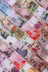 Paper money, banknotes of different countries as a business background. Paper money and cash