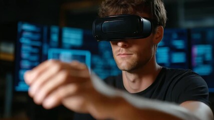 A man in an VR headset attempts system corruption in a dramatized scene coding AI for password testing on a generic security console screens flashing abstract threat alerts - Powered by Adobe