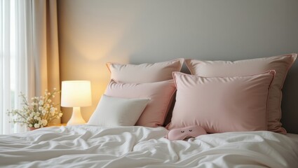 Cozy Minimalist Bedroom with Warm Lamp Light and Soft Pastel Bedding